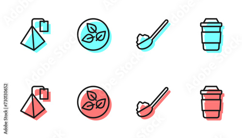 Set line Spoon with sugar, Tea bag, leaf and Cup of tea icon. Vector
