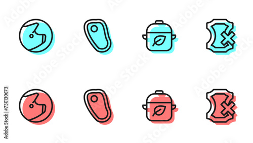 Set line Vegan food diet, Pig, Steak meat and No leather icon. Vector