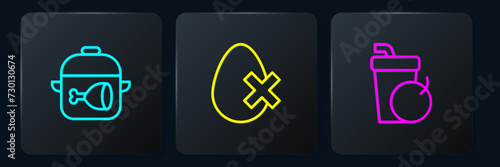 Set line Cooking pot and chicken leg, Fresh smoothie and No egg. Black square button. Vector