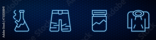 Set line Plastic bag of drug, Glass bong for smoking marijuana, Wide pants and Hoodie. Glowing neon icon on brick wall. Vector