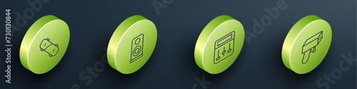 Set Isometric line Skateboard, Stereo speaker, Drum machine music and Money gun icon. Vector