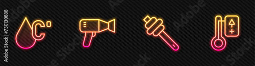 Set line Honey dipper stick, Water temperature, Hair dryer and Sauna thermometer. Glowing neon icon. Vector