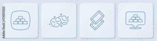 Set line Gold bars, nugget and . White square button. Vector