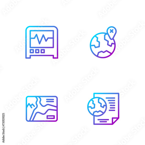 Set line Earth globe with document, Topographic map, Seismograph and Location on the. Gradient color icons. Vector