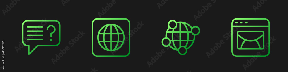 Set line Global technology, Unknown search, Worldwide and Mail and e-mail. Gradient color icons. Vector