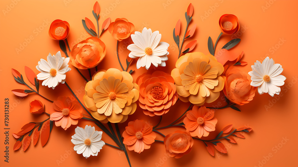 There is a paper flower arrangement made of orange and white flowers,,
Vibrant Orange and White Paper Flowers Bouquet
