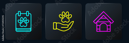 Set line Calendar grooming, Dog house and Hands with animals footprint. Black square button. Vector