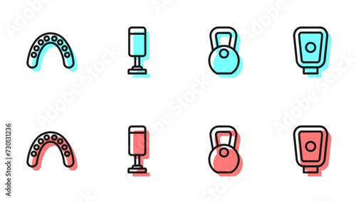 Set line Weight, Mouth guard boxer, Punching bag and Boxing training paws icon. Vector