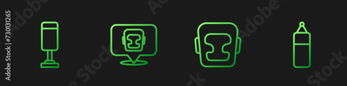 Set line Boxing helmet, Punching bag, and . Gradient color icons. Vector