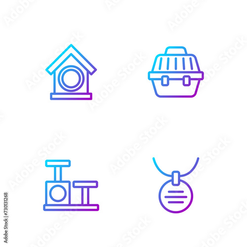Set line Collar with name tag, Cat scratching post toy, Dog house and Pet carry case. Gradient color icons. Vector