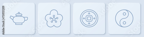 Set line Chinese tea ceremony, Yuan currency, Lotus flower and Yin Yang symbol. White square button. Vector