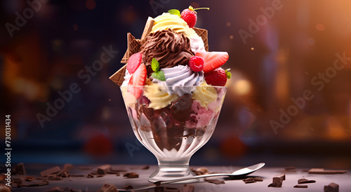 Scene of delicious dessert ice cream condensed milk and fruit in a bowl photo