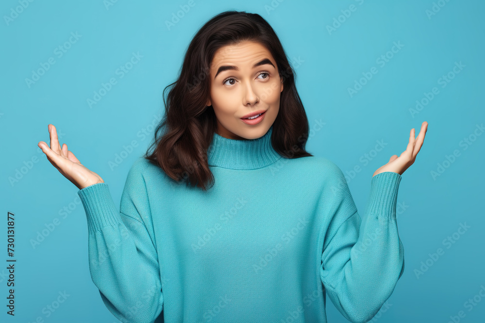Young woman with arms out, shrugging her shoulders, saying: who cares, so what, I don't know. Isolated studio shot on blue background. Whatever gesture. Young woman with arms out, shrugging her shoulders, saying: who cares, so what, I don't know. Isolated studio shot on blue background. Whatever gesture.