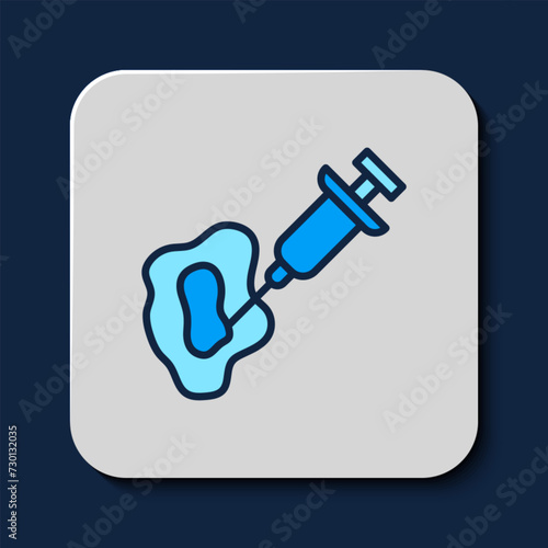 Filled outline GMO syringe icon isolated on blue background. Genetically modified organism acronym. Dna food modification. Vector