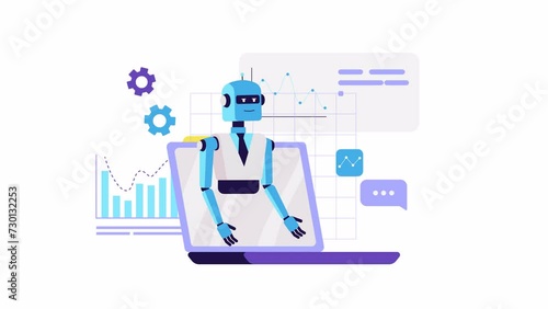 Robot talking animation. Laptop, graphs, business concept. Chat bot, artificial intelligence, customer support. Online communication with AI, Virtual assistant. Lip sync, narration, voice over
