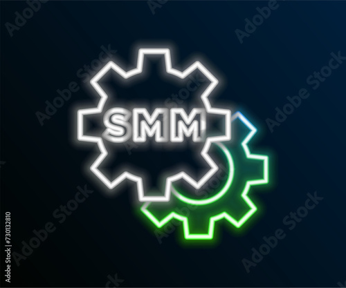 Glowing neon line SMM icon isolated on black background. Social media marketing, analysis, advertising strategy development. Colorful outline concept. Vector