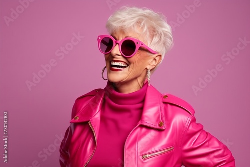 Fashionable senior woman in pink jacket and sunglasses on pink background © Iigo