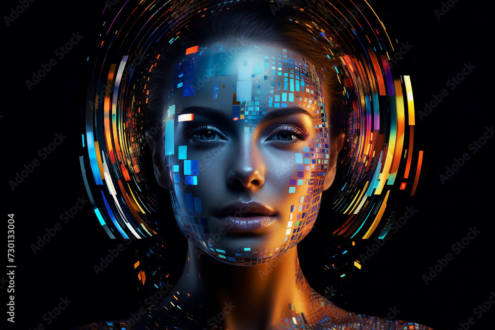 AI generated picture of beautiful female face with a bright neon colors filter isolated in dark background AI generated picture of beautiful female face with a bright neon colors filter isolated in dark background
