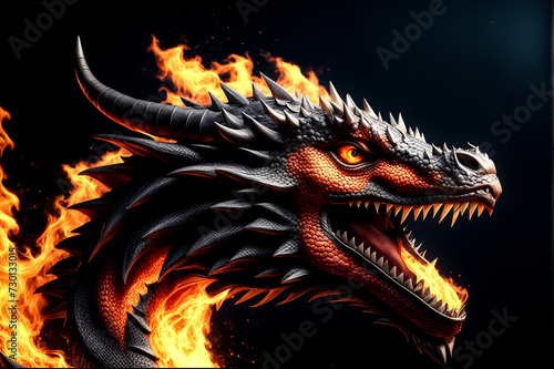 Generative Ai illustration of Fire chinese dragon head with flame fire. Logotype design concept. Cartoon illustration. Copy ad text space