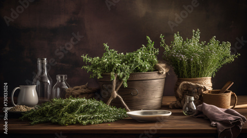 Thyme sprigs arranged in a rustic kitchen setting.