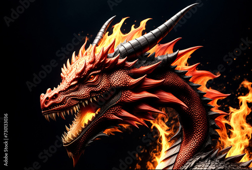 Generative Ai illustration of Fire chinese dragon head with flame fire. Logotype design concept. Cartoon illustration. Copy ad text space