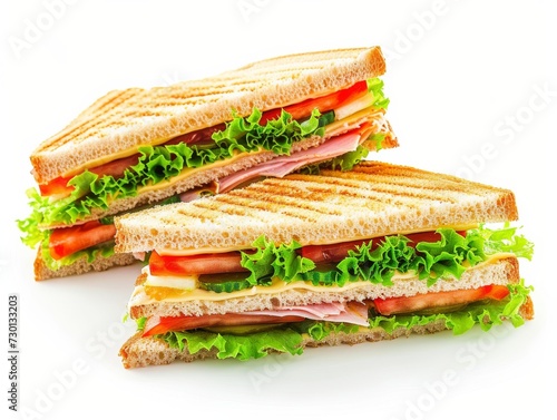 A delicious club sandwich with fresh lettuce, tomato, cheese, ham, and toasted bread, presented in two halves on a white background