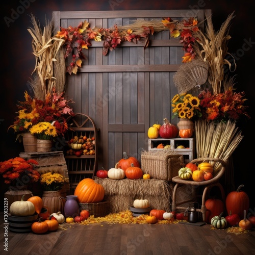 Autumn Harvest Feast  Thanksgiving Backdrop with Colorful Fruit  Cranberry Barrel  and Corn in Wooden Barn 