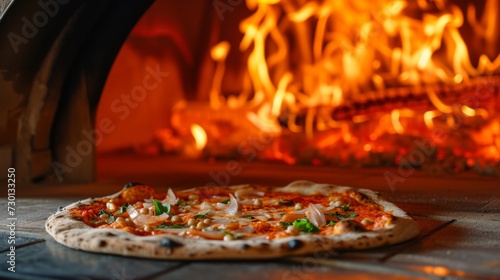 A rustic wood-fired pizza oven  flames dancing around a freshly baked pizza