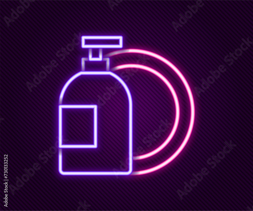 Glowing neon line Dishwashing liquid bottle and plate icon isolated on black background. Liquid detergent for washing dishes. Colorful outline concept. Vector