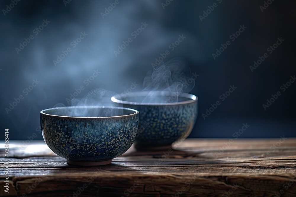 Two steaming cups of hot tea on dark wooden table capturing moment of warmth and aroma closeup of cups reveals delicate steam rising suggesting fresh and tasty beverage perfect for breakfast or break Two steaming cups of hot tea on dark wooden table capturing moment of warmth and aroma closeup of cups reveals delicate steam rising suggesting fresh and tasty beverage perfect for breakfast or break
