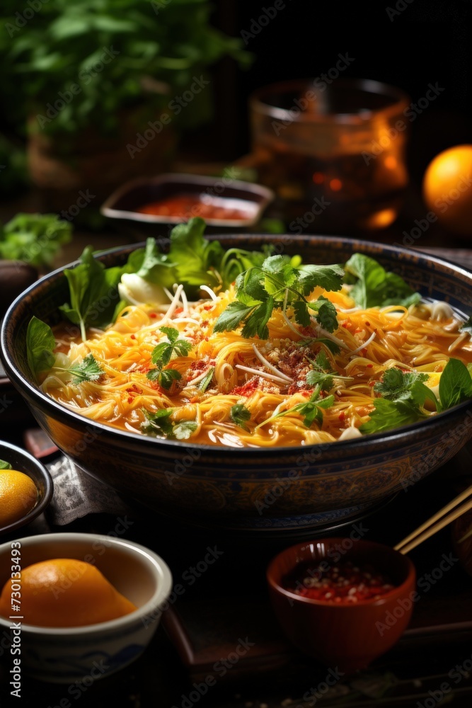 Khao Soi Gai Northern Thai Coconut Curry Noodle Soup. Best For Banner, Flyer, and Poster