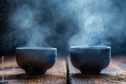 Two steaming cups of hot tea on dark wooden table capturing moment of warmth and aroma closeup of cups reveals delicate steam rising suggesting fresh and tasty beverage perfect for breakfast or break