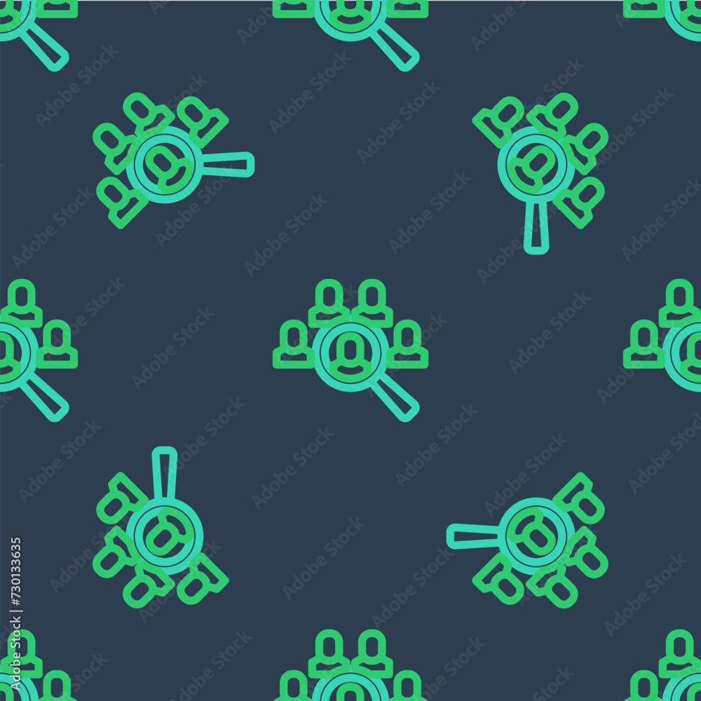 Line Magnifying glass for search job icon isolated seamless pattern on blue background. Recruitment or selection concept. Search for employees and job. Vector Line Magnifying glass for search job icon isolated seamless pattern on blue background. Recruitment or selection concept. Search for employees and job. Vector