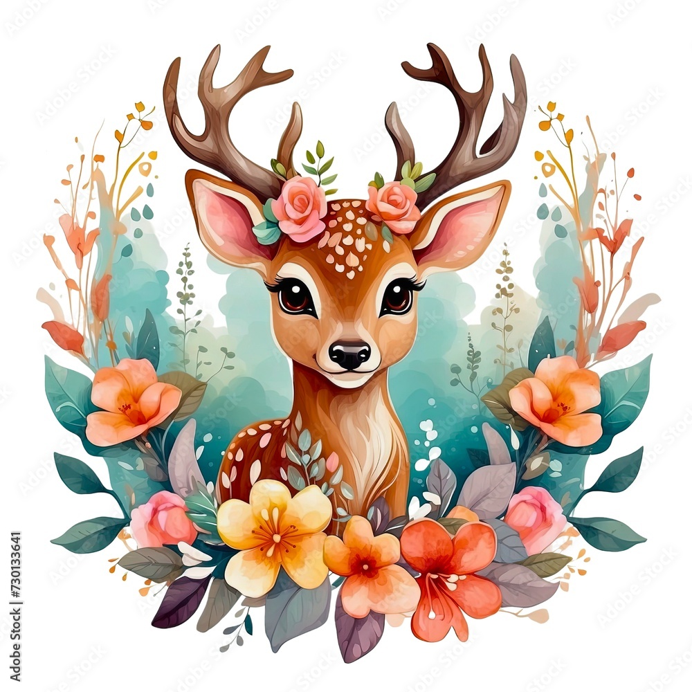 Watercolor illustration portrait of a cute adorable deer fawn with flowers on isolated white background.
