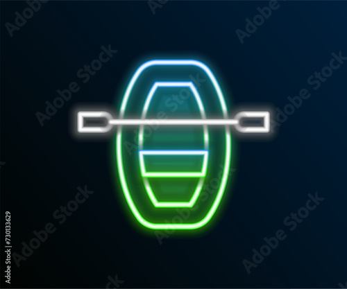 Glowing neon line Boat with oars icon isolated on black background. Water sports, extreme sports, holiday, vacation, team building. Colorful outline concept. Vector