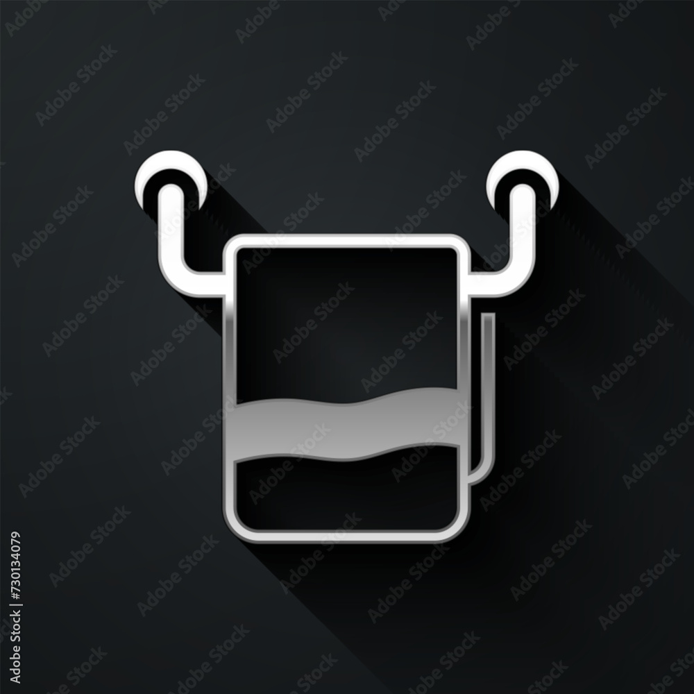 Silver Towel on a hanger icon isolated on black background. Bathroom towel icon. Long shadow style. Vector Silver Towel on a hanger icon isolated on black background. Bathroom towel icon. Long shadow style. Vector