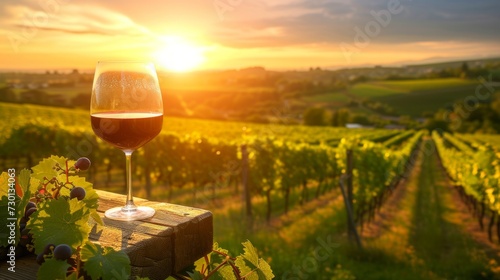 A rustic vineyard landscape at sunset  with rows of grapevines and a glass of red wine