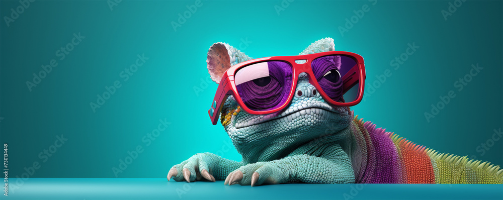 a cartoon lizard with glasses on green background, in the style of photobashing, dark pink and light azure