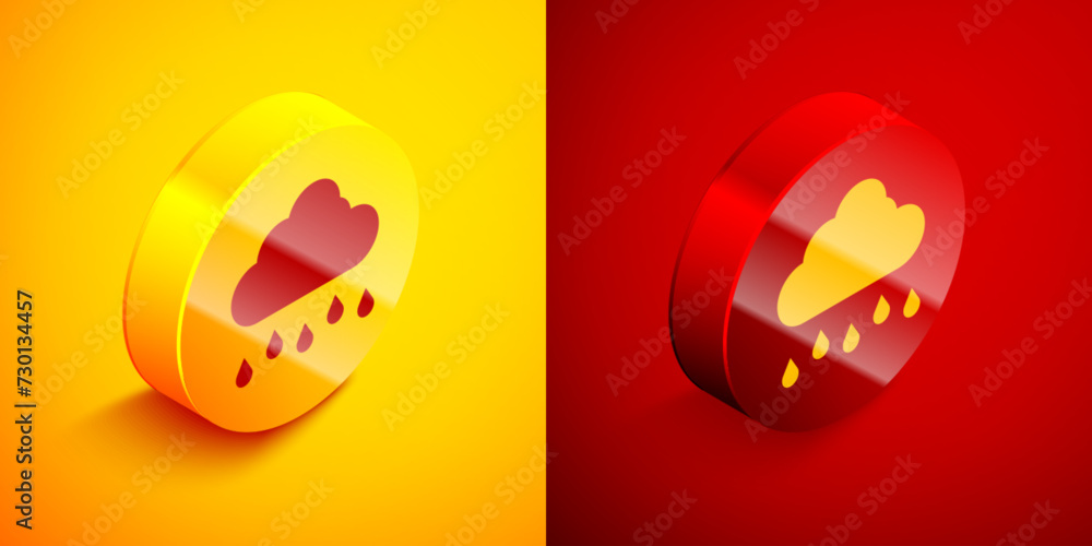 Isometric Cloud with rain icon isolated on orange and red background. Rain cloud precipitation with rain drops. Circle button. Vector Isometric Cloud with rain icon isolated on orange and red background. Rain cloud precipitation with rain drops. Circle button. Vector