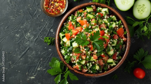 A Mediterranean-inspired tabbouleh salad with parsley, tomatoes, cucumbers, and bulgur wheat