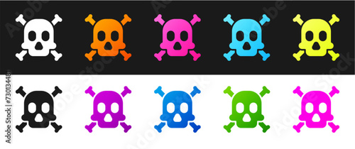 Set Bones and skull as a sign of toxicity warning icon isolated on black and white background. Vector
