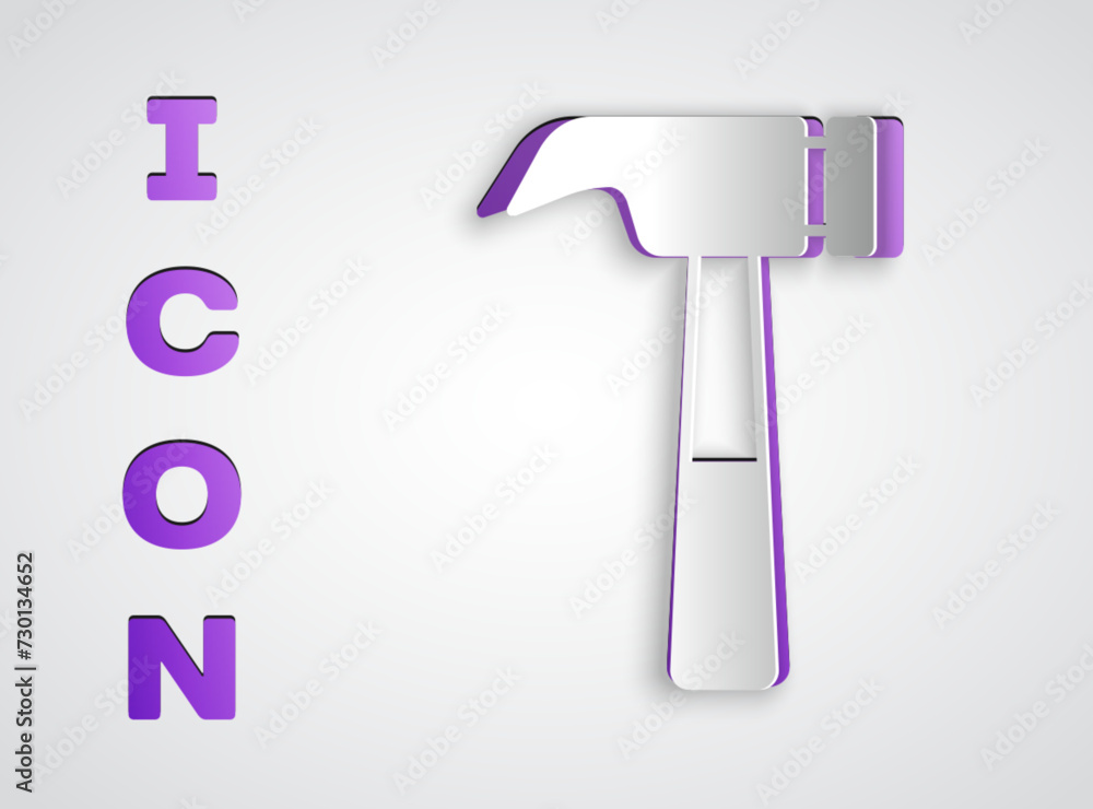 Paper cut Hammer icon isolated on grey background. Tool for repair. Paper art style. Vector Paper cut Hammer icon isolated on grey background. Tool for repair. Paper art style. Vector
