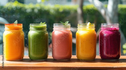A delightful array of vibrant fruit smoothies in jars, each adorned with a fresh mint leaf, lined up on a wooden table