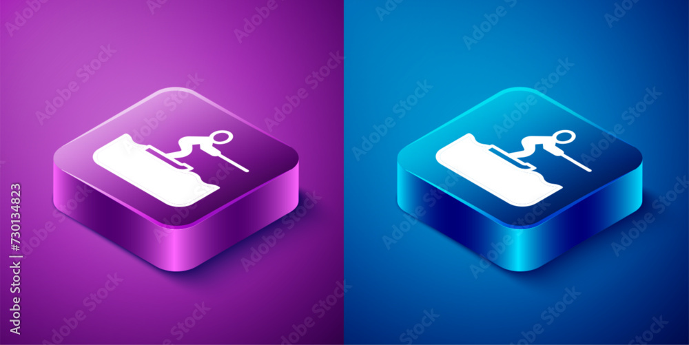 Isometric Water skiing man icon isolated on blue and purple background. Square button. Vector Isometric Water skiing man icon isolated on blue and purple background. Square button. Vector