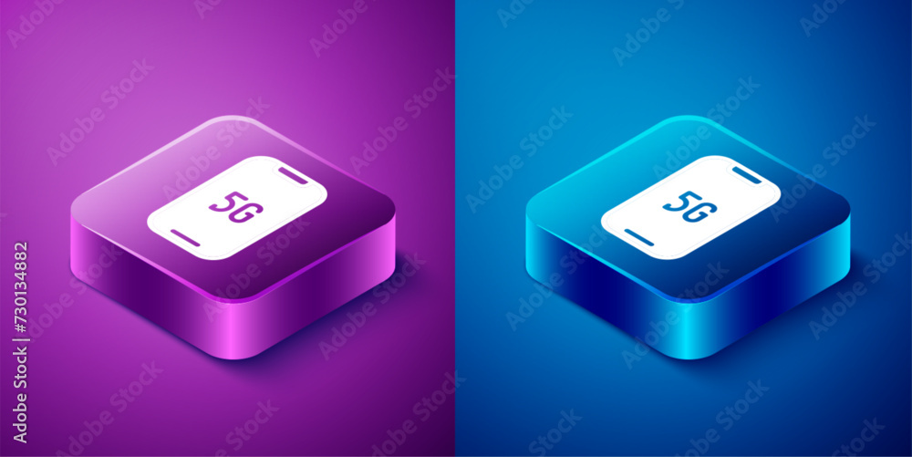 Isometric Mobile with 5G new wireless internet wifi icon isolated on blue and purple background. Global network high speed connection data rate technology. Square button. Vector Isometric Mobile with 5G new wireless internet wifi icon isolated on blue and purple background. Global network high speed connection data rate technology. Square button. Vector