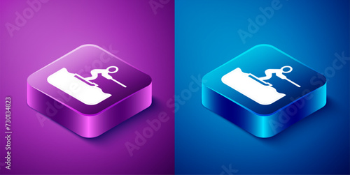 Isometric Water skiing man icon isolated on blue and purple background. Square button. Vector