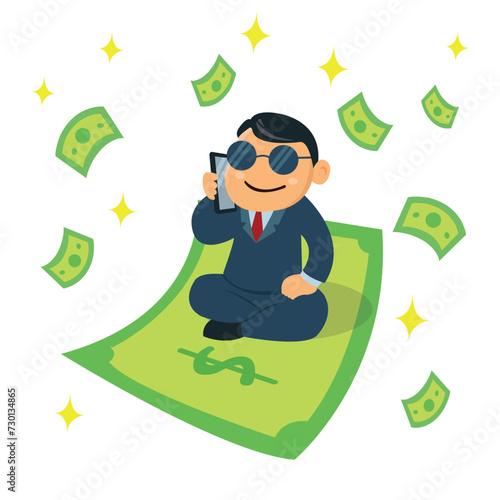 Luxury life and rich child concept. Happy arrogant rich kid boy millionaire cartoon character in suit sitting in large money illustration