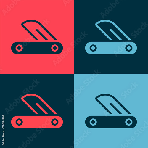 Pop art Swiss army knife icon isolated on color background. Multi-tool, multipurpose penknife. Multifunctional tool. Vector