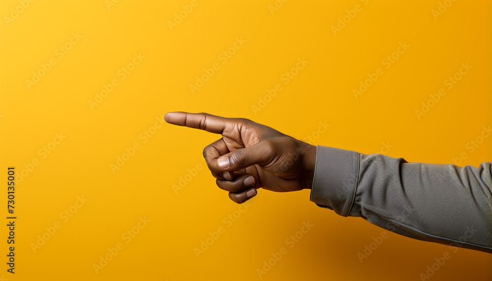 Fototapeta premium Young adult pointing finger, showing success, on yellow background generated by AI