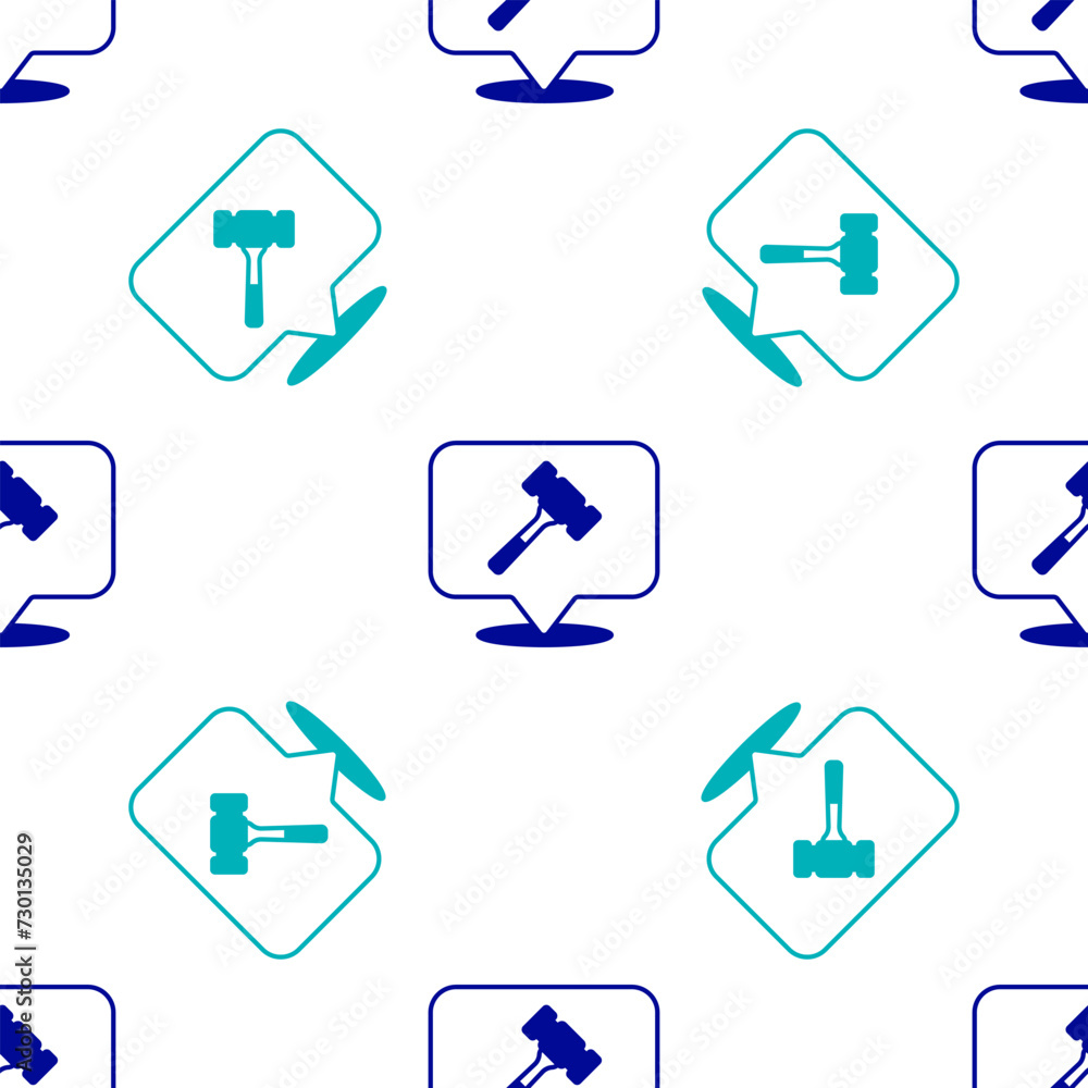 Blue Auction hammer icon isolated seamless pattern on white background. Gavel - hammer of judge or auctioneer. Bidding process, deal done. Auction bidding. Vector